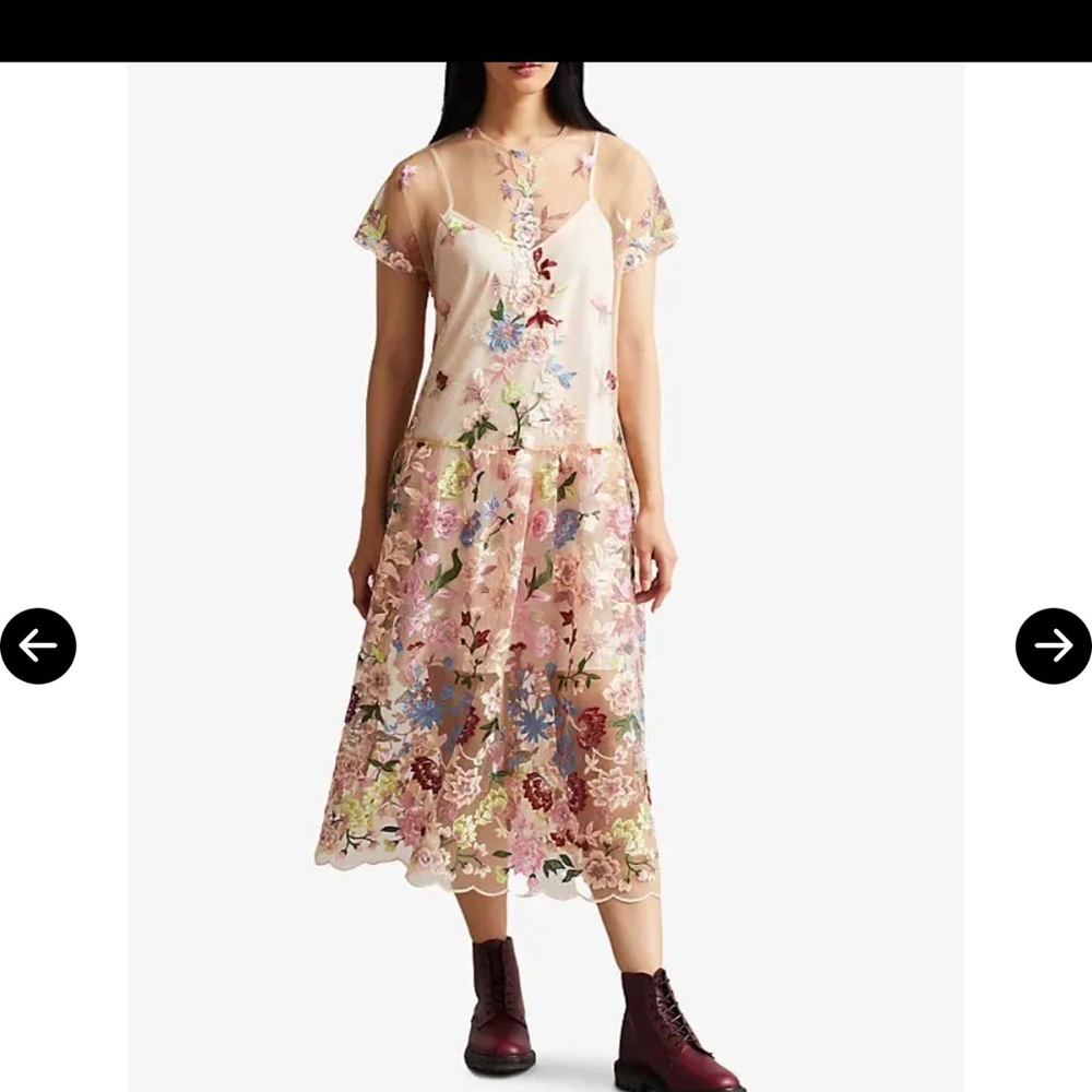 TED BAKER DAVIANA EMBROIDERED FLORAL MESH DRESS, NUDE/MULTI fits like M/L